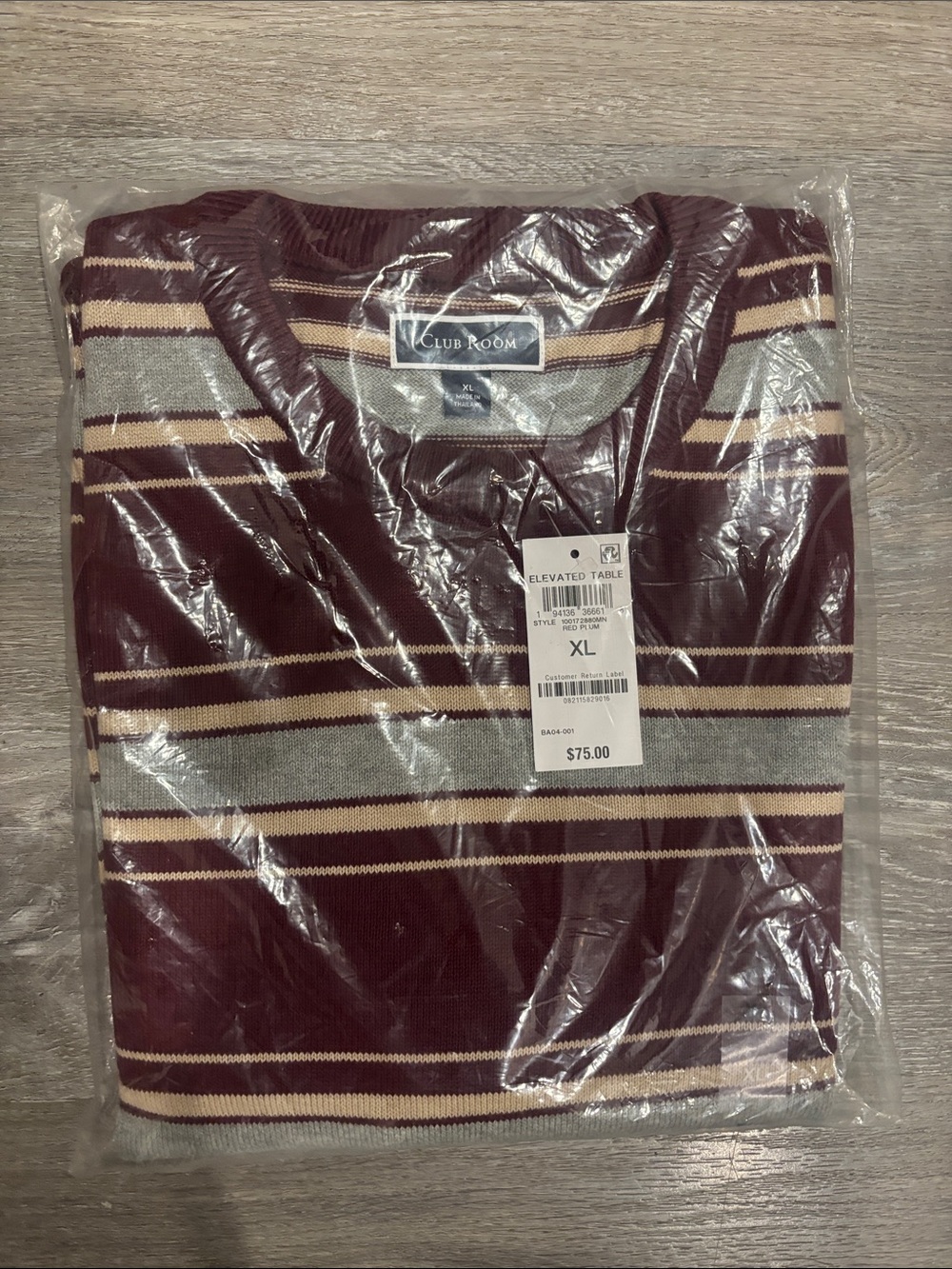 Club Room Burgundy, Gray and Cream Striped V-Neck Sweater